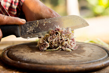 Wall Mural - A woman cutting lemon grass on a wooden board in Chiang Mai, Thailand.