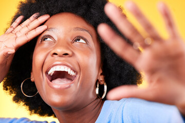 Sticker - Face, happy and energy with a black woman closeup in studio on a yellow background for excitement. Wow, smile and surprise with a young afro person in celebration as a winner of a bonus or deal