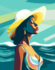 Wall Mural - tanned woman beige summer young black concept vacation beach holiday hat. Generative AI.