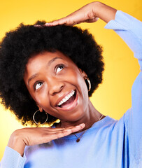 Sticker - Skincare, smile and black woman hands on face in studio, dermatology and excited for treatment and cosmetics on yellow background. Happy, wellness and girl with glow for aesthetic and natural beauty