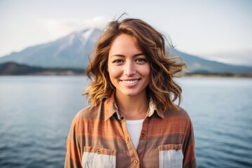 Poster - Headshot portrait photography of a happy girl in her 30s wearing a vented fishing shirt near the mount fuji in honshu island japan. With generative AI technology