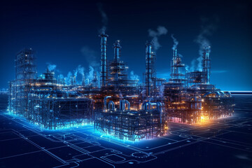 Double exposure of petrochemical industrial plant on black background. 3D rendering