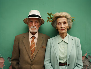 Wall Mural - senior couple posing front of green wall