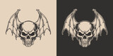 Fototapeta Pokój dzieciecy - Vintage retro Halloween bat bird skull anatomy head spooky scary horror element. Monochrome Graphic Art. Vector. Hand drawn element engraving.