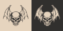 Vintage Retro Halloween Bat Bird Skull Anatomy Head Spooky Scary Horror Element. Monochrome Graphic Art. Vector. Hand Drawn Element Engraving.