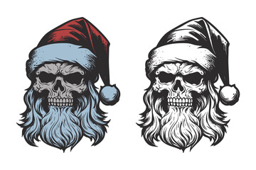 Wall Mural - Set of vintage retro tattoo bad scary horror spooky skull skeleton santa claus in hat. Merry christmas xmas new year holiday halloween poster. Graphic Art. Engraving vector style illustration