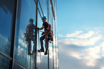 Backview of a high - rise window cleaner in sunlight. A male industrial climber washes the windows of a tall modern skyscraper. 