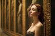 © Markus Schröder - Photography in the style of pensive portraiture of a glad girl in her 40s wearing an elegant corset at the uffizi gallery in florence italy. With generative AI technology