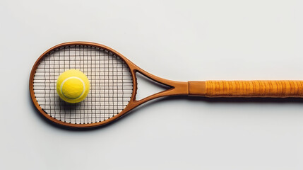 Wall Mural - Top view of green Tennis ball and racket isolated on flat surface background with copy space for text. 