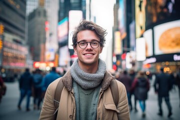 Canvas Print - Medium shot portrait photography of a satisfied boy in his 30s wearing a chic cardigan at the times square in new york usa. With generative AI technology