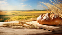 Freshly Baked Bread On The Table With Elements Of Grain Against The Background Of A Sunny Day Field, Bread Or Bakery Advertisement.generative Ai
