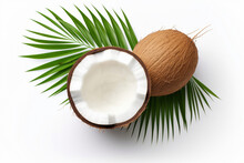 Fresh Coconut Whole And Cut In Half With Palm Leaf Isolated On White Background, Top View.generative Ai
