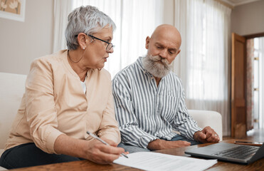 Poster - Budget, documents and senior couple with laptop planning financial investments, mortgage or tax papers. Elderly woman speaking of bills, debt and pension fund on bank statement to an old man at home