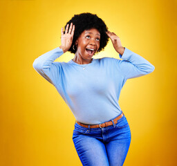 Poster - Happy black woman, wow and excited winner in celebration isolated on a yellow background in studio. Smile, surprise and shocked African person in achievement success, bonus promotion and good news.