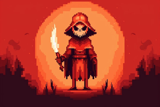 Generative ai pixel art fantasy game characters in halloween suits isolated background