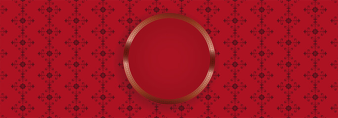 Wall Mural - Round isolated frame with a gold border on a red background with a pattern
