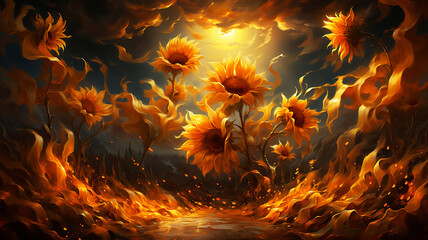 Wall Mural - Dance of sunflowers at sunset in a sunflower field. AI generated.