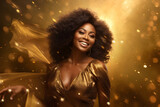 Fototapeta Dziecięca - A Stunning African American Woman Dressed in Shimmering Gold, Enveloped by a Sparkling Golden Backdrop an Ideal Scene for Showcasing Product Design in Advertising
