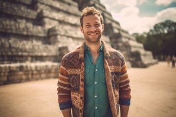 Poster - Lifestyle portrait photography of a satisfied boy in his 30s wearing a chic cardigan at the chichen itza yucatan mexico. With generative AI technology