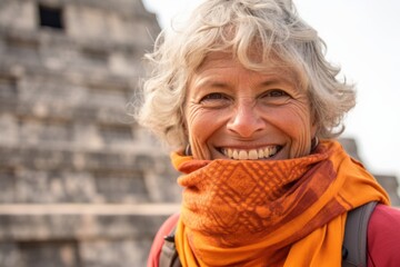 Close-up portrait photography of a cheerful mature woman wearing a protective neck gaiter at the chichen itza yucatan mexico. With generative AI technology