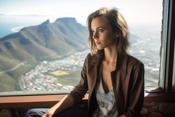 Photography in the style of pensive portraiture of a blissful girl in her 30s wearing a polished vest at the table mountain in cape town south africa. With generative AI technology