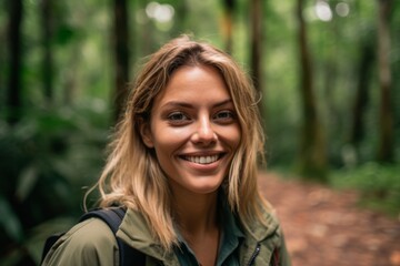 Wall Mural - Medium shot portrait photography of a happy girl in her 40s wearing a stylish varsity jacket at the amazon rainforest in brazil. With generative AI technology