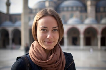 Close-up portrait photography of a tender girl in her 30s wearing a long-sleeved thermal undershirt at the blue mosque in istanbul turkey. With generative AI technology