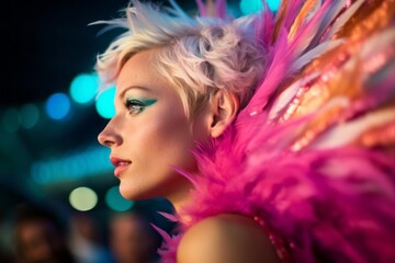 Poster - Close-up portrait photography of a satisfied girl in her 30s wearing an extravagant feather boa at the great barrier reef in queensland australia. With generative AI technology