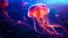 Jellyfish Dansing In The Dark Blue Ocean Water. Glowing Jellyfish Swim Deep In Blue Sea.