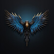 dark blue and bronze bird wings, in the style of symbolism, dark black and blue background 3d, ancient art,