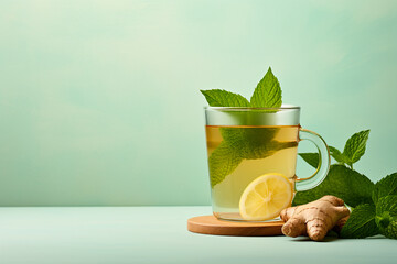 glass cup of fresh mint and ginger tea, minimalist