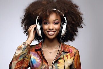 Wall Mural - Afro young lady listen music dressed trendy clothes