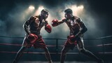 Fototapeta Most - Two boxers fighting in boxing ring. Cinematic lights, most important moment, ko concept