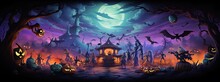 Scary Halloween Background. Purple Themed Halloween Landscape Concept. Happy Halloween!