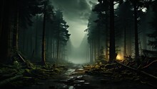 Dark Green Forest, Path In The Middle Of The Night, Lunar Light, Werewolf Concept.