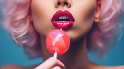 Close-up portrait of a beautiful young woman with pink hair and red lips eating lollipop.