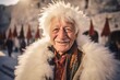 © Markus Schröder - Headshot portrait photography of a blissful old man wearing an extravagant feather boa at the cappadocia in nevsehir province turkey. With generative AI technology