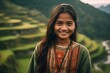 © Markus Schröder - Close-up portrait photography of a grinning girl in his 20s wearing a trendy off-shoulder blouse at the banaue rice terraces in ifugao philippines. With generative AI technology