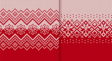 Red Knitted Geometrical Pattern. Red And White Christmas Seamless Ornament. Fair Isle Traditional Holiday Background. Xmas Print Border. Festive Sweater. Vector Illustration.