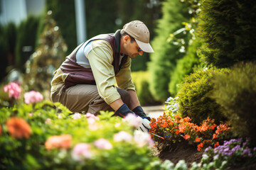 An amateur gardener taking care of plants in his garden