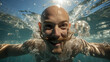 Bald freak man with moustaches swimming underwater in a pool with splashes of water.