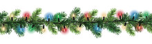 Seamless Decorative Christmas Border With Coniferous Branches And Garlands Of Christmas Lights On Transparent Background