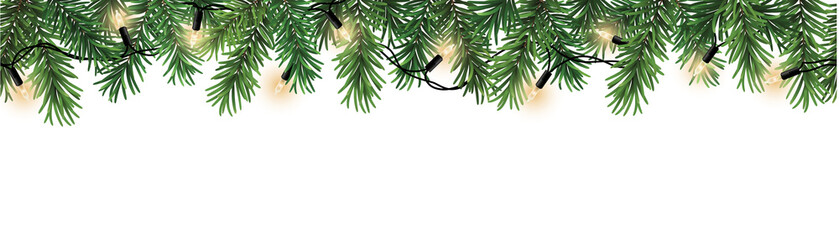 seamless decorative christmas border with coniferous branches and garlands of christmas lights on tr