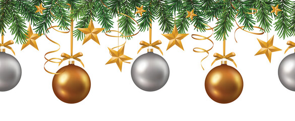christmas decorative seamless border with green branches, colorful shiny baubles and ribbons on tran