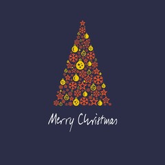 Wall Mural - Squared purple Wish card Merry Christmas written in English in white font with yellow and orange Christmas tree with stars and Christmas' balls