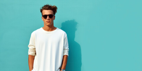 Wall Mural - trendy young man, wearing sleek sunglasses, set against a cool turquoise background, room for copyspace