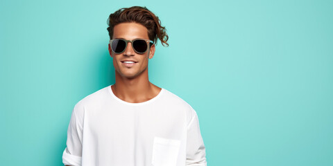 Wall Mural - trendy young man, wearing sleek sunglasses, set against a cool turquoise background, room for copyspace