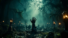 Haunting Halloween, Zombie Hand Emerging From The Burial Ground. Generative AI