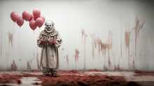 Halloween Festivity. Malevolent Clown Near To The Red Balloons. Generative AI