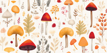 Seamless Pattern With Autumn Leaves And Tree Branches. Repeatable Background With Fall Mushrooms, Chestnut, Berries, Acorn And Foliage. Flat Vector Illustration Of Beautiful Aspen, And Oak Leaf